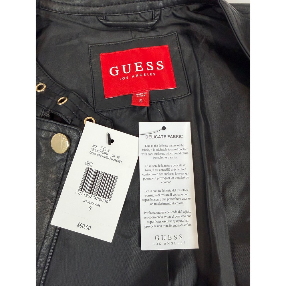 GUESS Ciena STC Moto PU Jacket Jet Black Lace Up Faux Leather R5RL61WGKP0 Size S - Picture 7 of 11